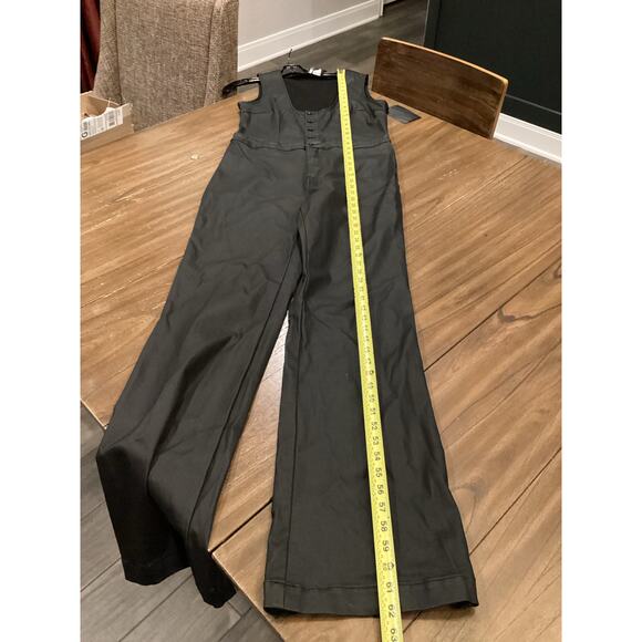 Retrofete Mckinnon Black Coated Denim Jumpsuit Plunge Flare Leg XL NWT - Picture 4 of 11